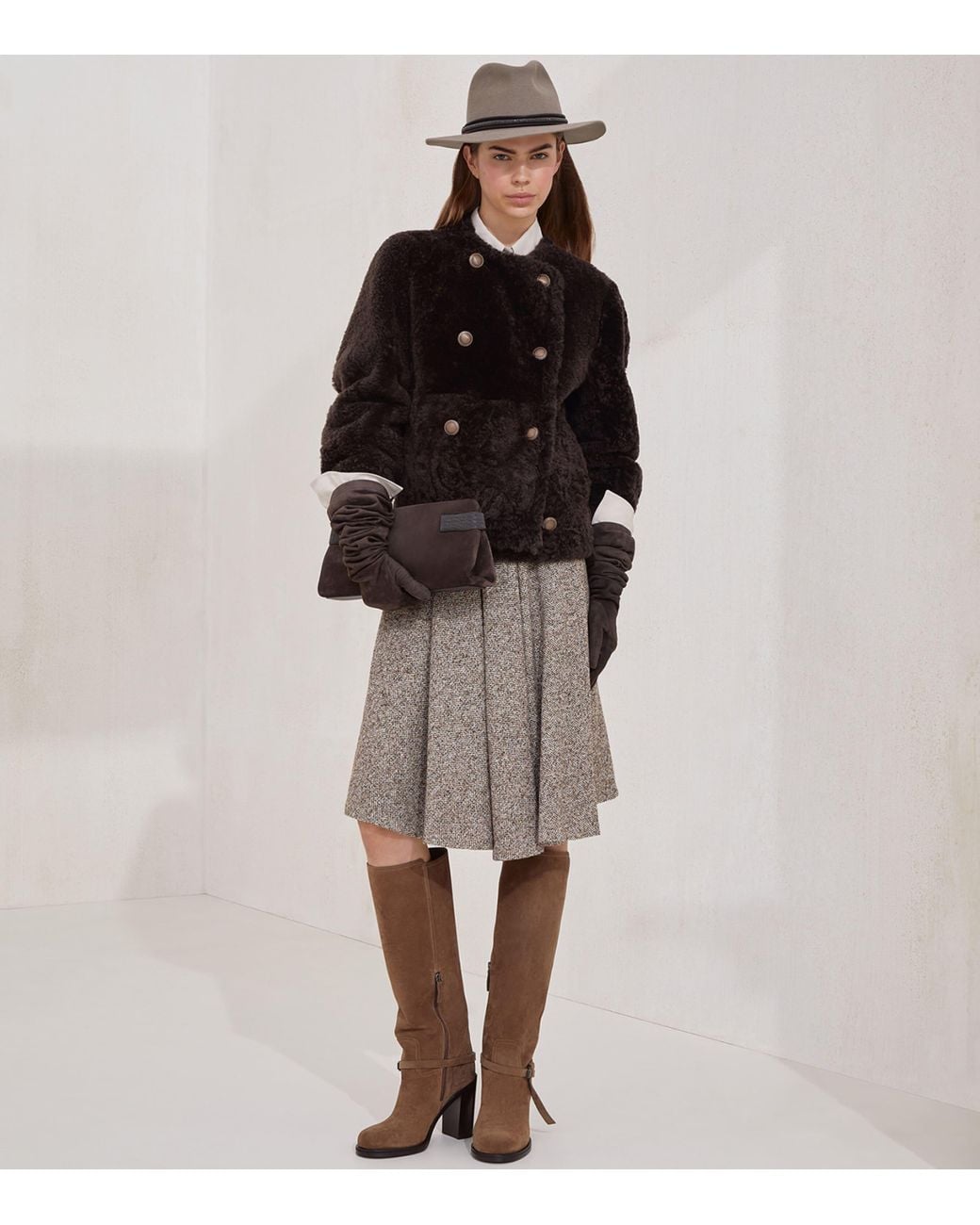 Brunello Cucinelli Black Shearling-Leather Reversible Pea Coat