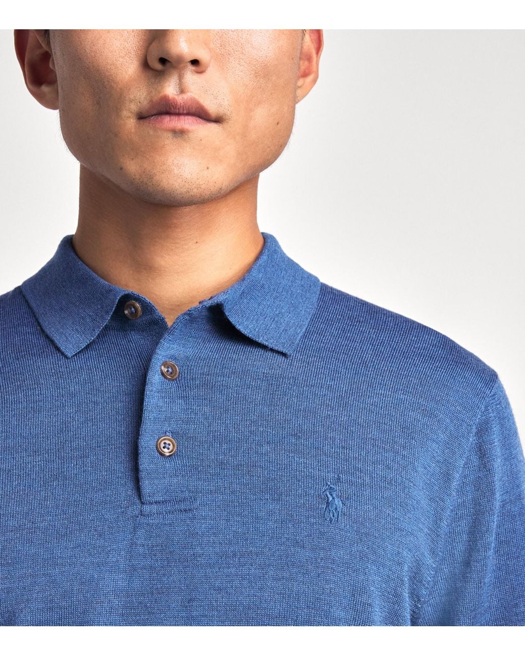 Polo Ralph Lauren Blue Merino Wool Polo Pony Long-Sleeve Polo Shirt for men