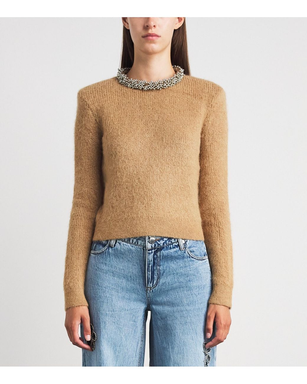Self-Portrait Natural Beaded-Neckline Sweater