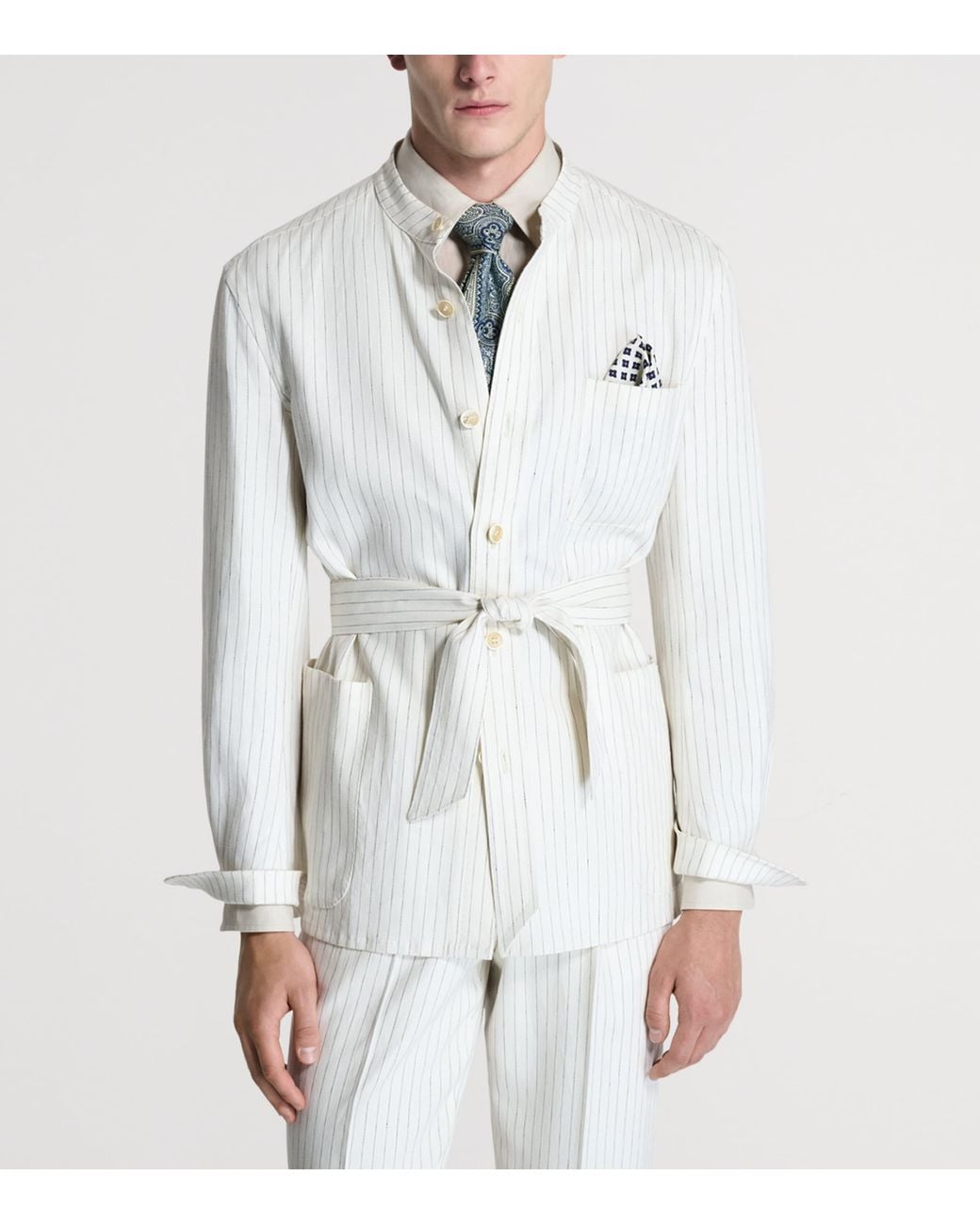 Dunhill White Linen Pinstripe Belted Blazer for men