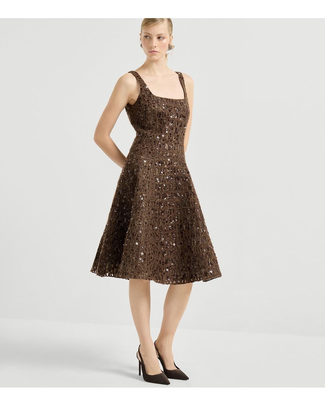 Brunello Cucinelli Brown Mohair-Silk-Linen-Blend Midi Dress