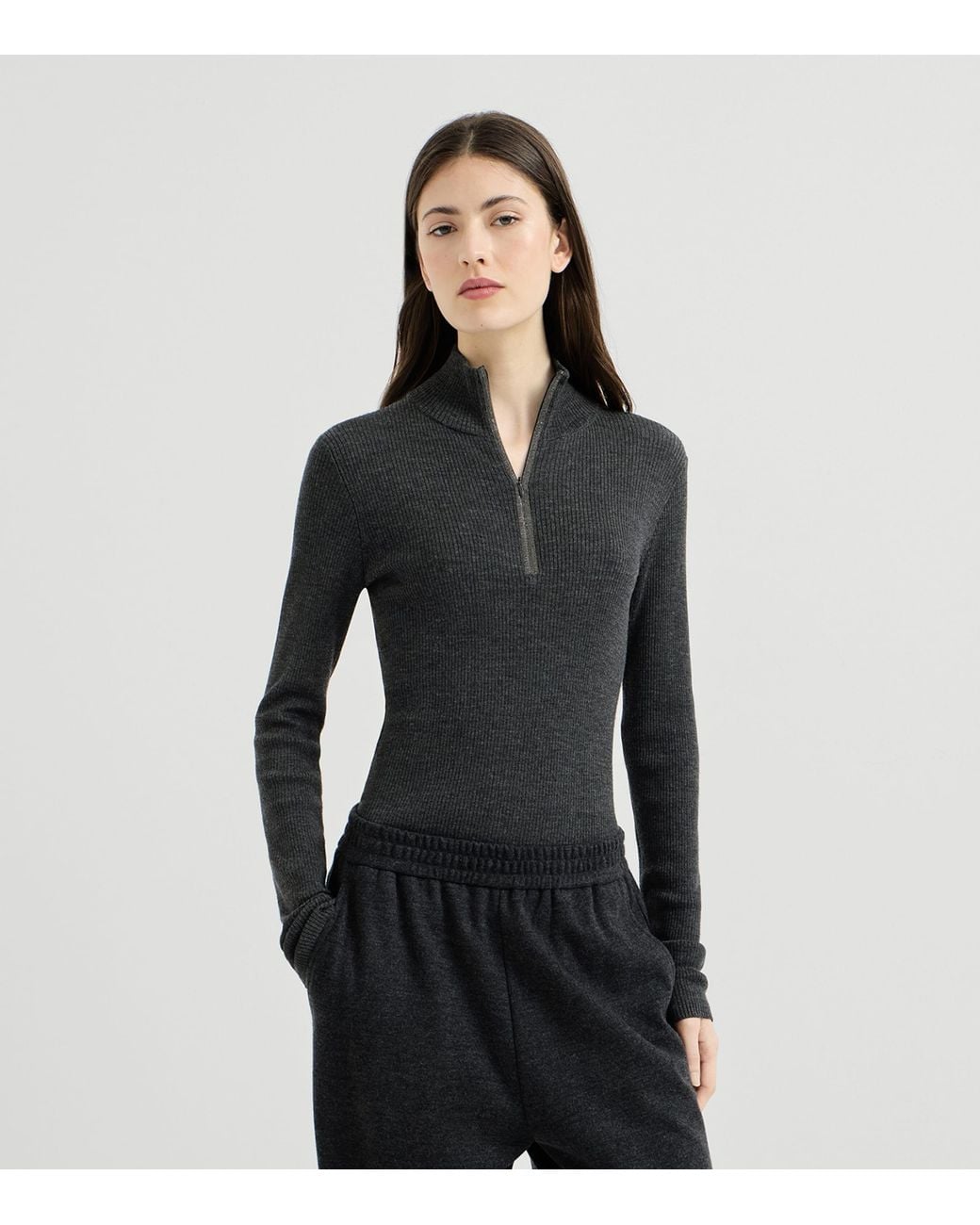 Brunello Cucinelli Black Virgin Wool-Cashmere Half-Zip Sweater