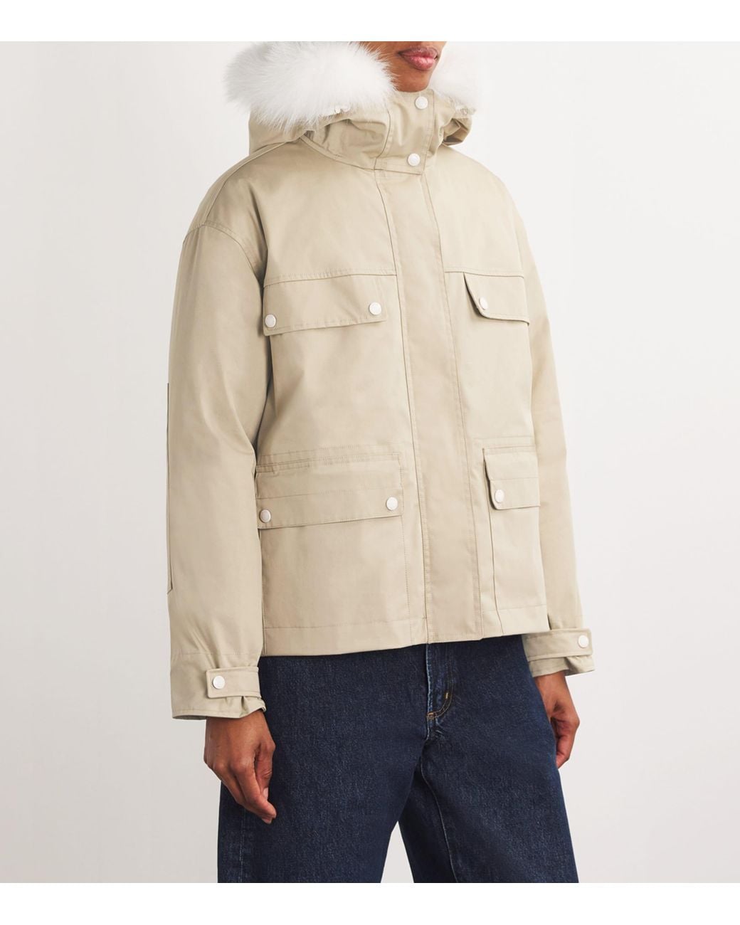Yves Salomon Natural Canvas Fur-Trim Parka Jacket