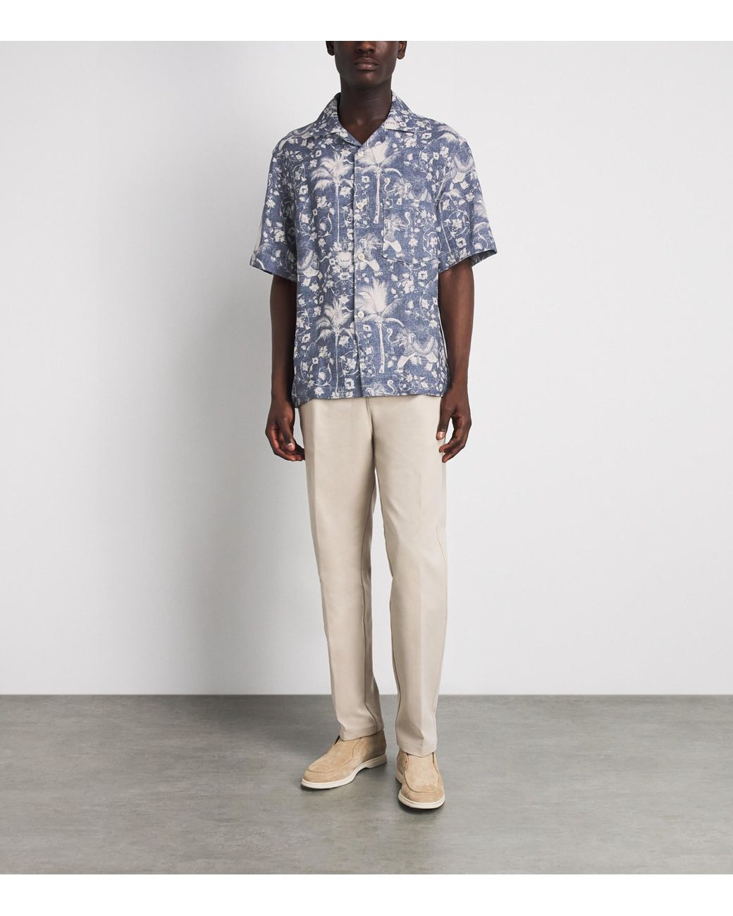 Eleventy Blue Linen Printed Bowling Shirt for men