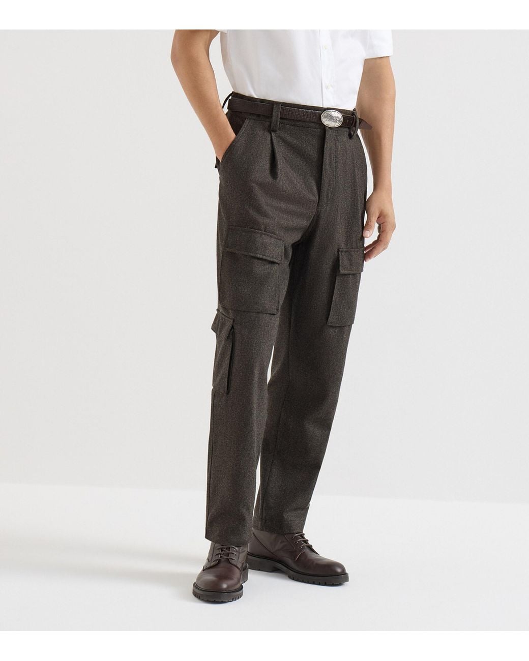Brunello Cucinelli Black Virgin Wool Cargo Trousers for men