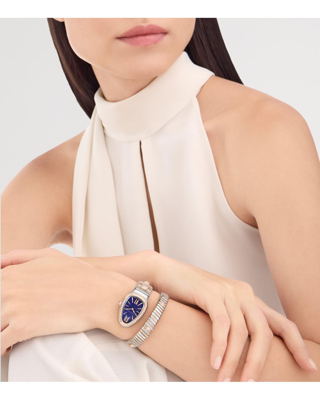 BVLGARI Blue Small Rose, Stainless Steel And Diamond Serpenti Tubogas Studs Watch