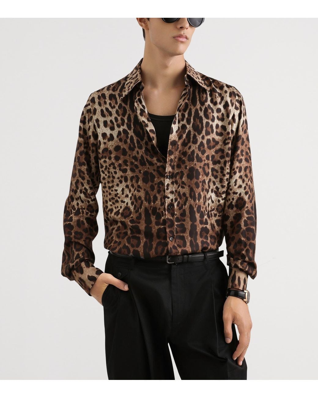 Dolce & Gabbana Brown Silk Leopard Print Shirt for men