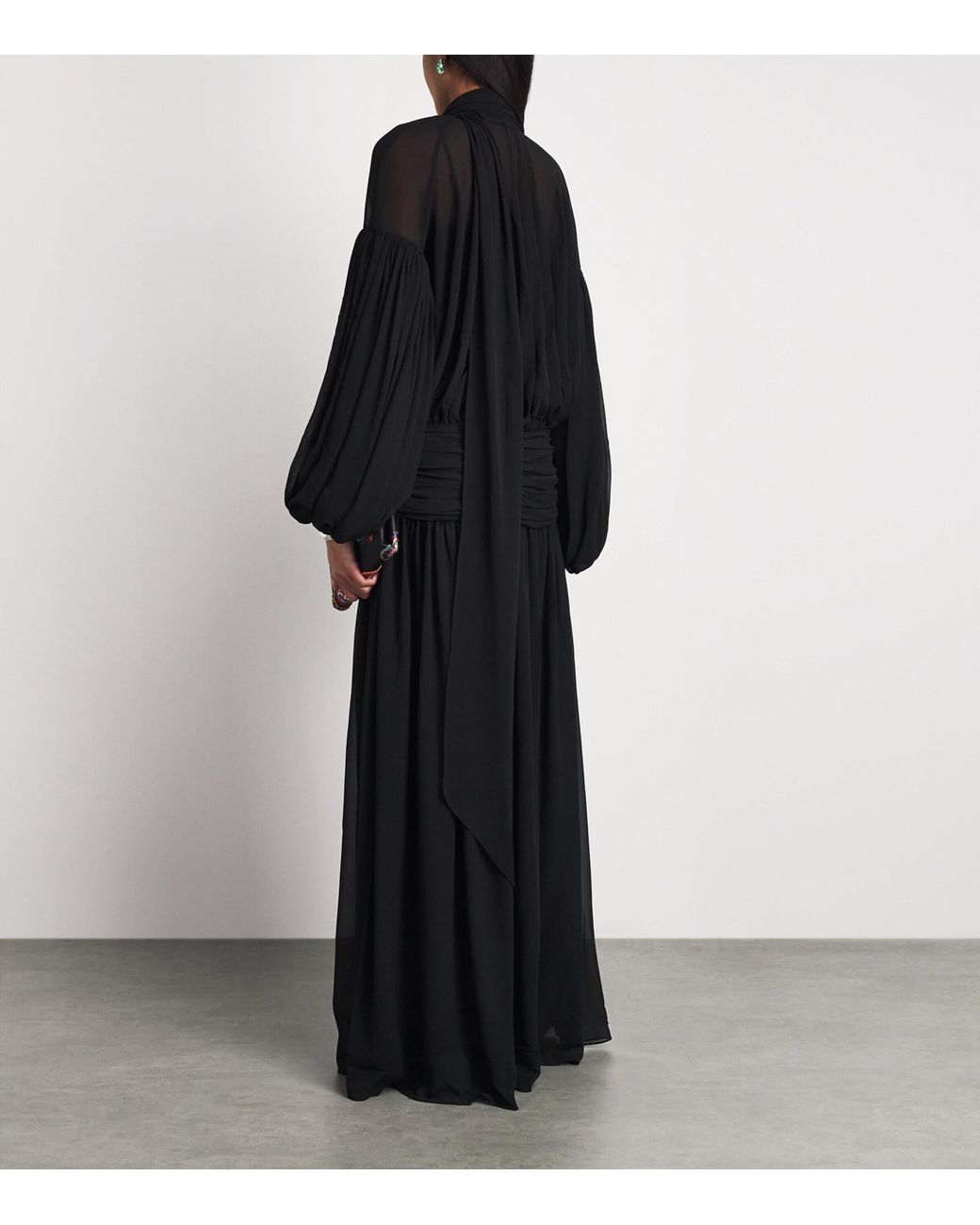 De La Vali Black Chiffon Gathered Solana Maxi Dress