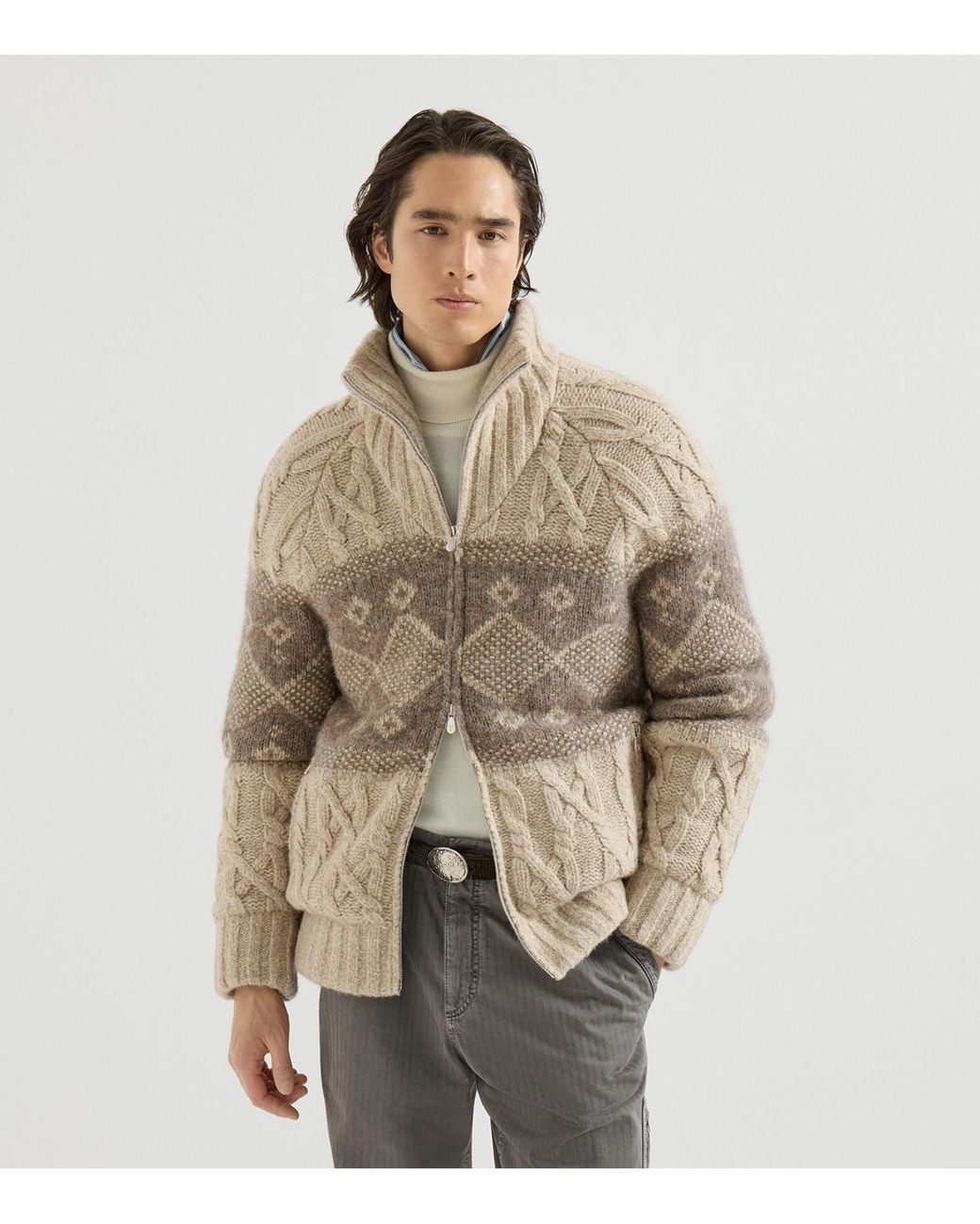 Brunello Cucinelli Natural Virgin Wool-Silk-Cashmere Cable-Knit Down Jacket for men