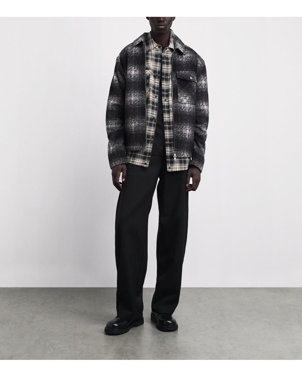 Moncler Gray Cotton Check Zip-Up Shirt for men