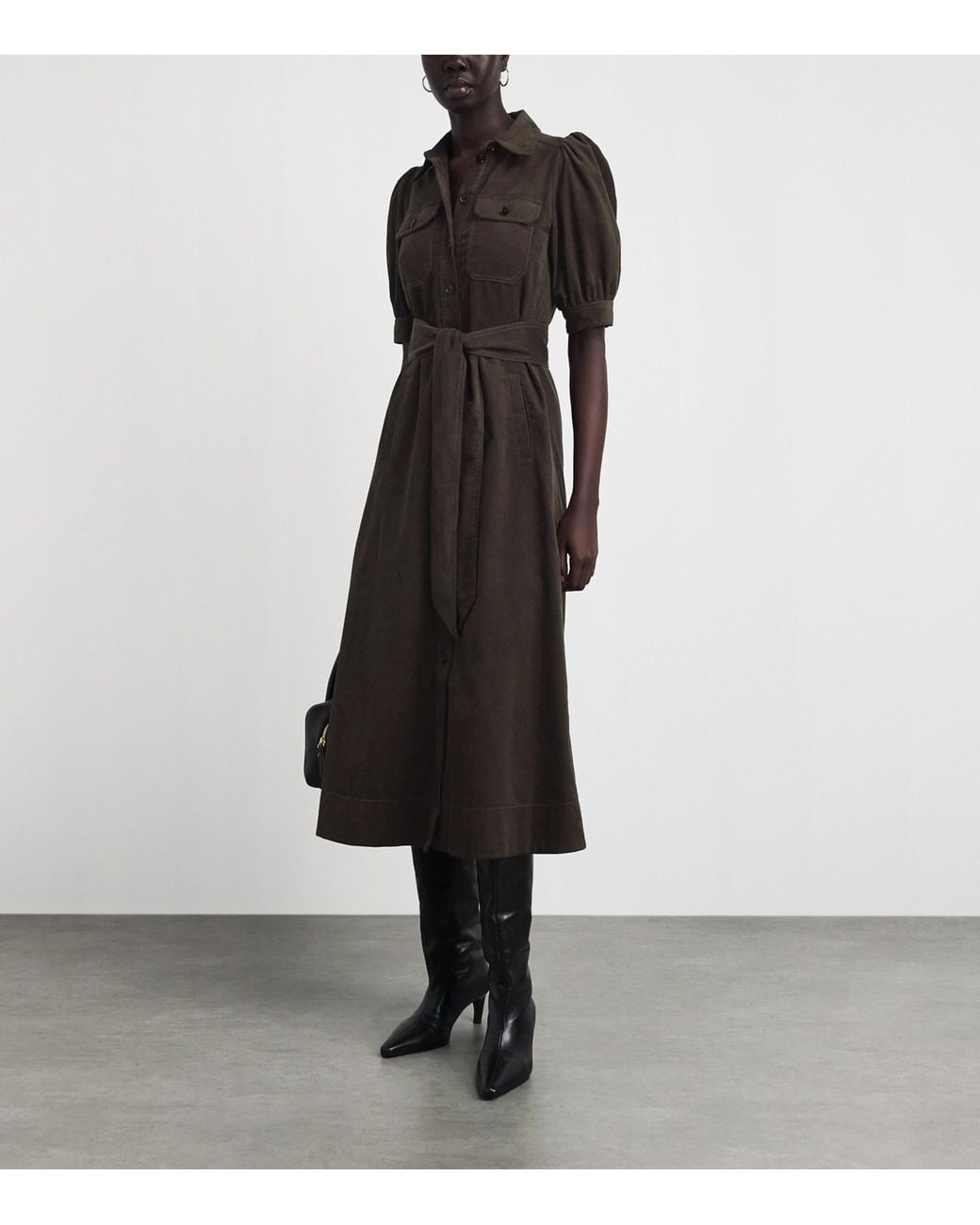 ME+EM Black Cotton Corduroy Midi Shirt Dress