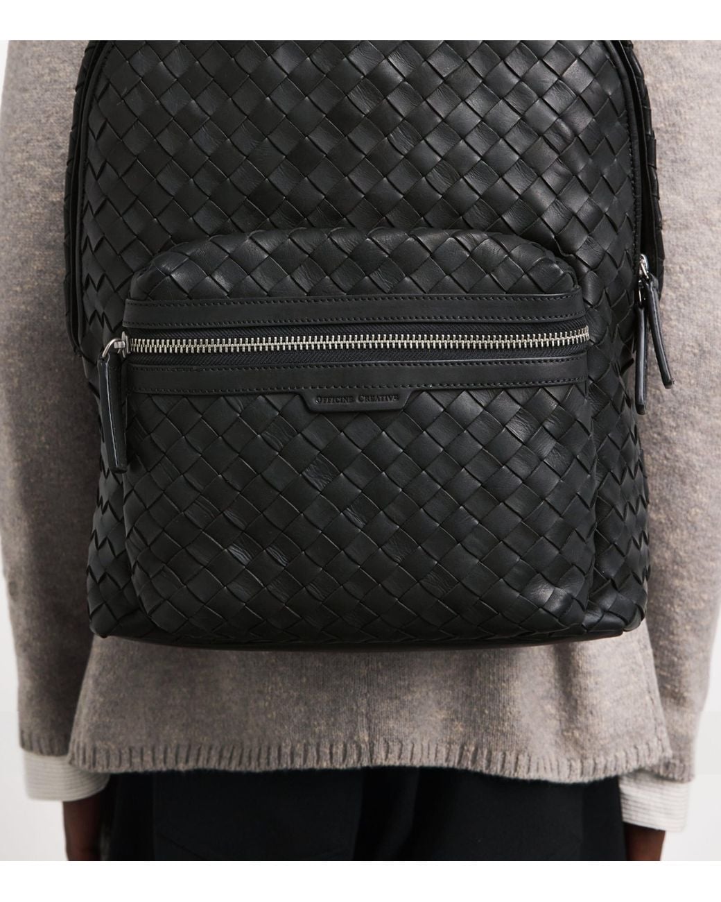 Officine Creative Black Leather Woven Armor Backpack for men
