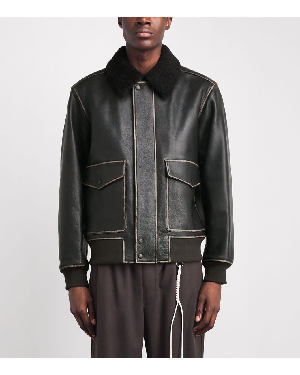 Rag & Bone Black Leather Shearling-Collar Bomber Jacket for men