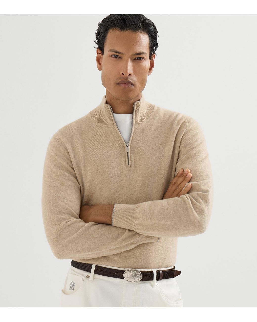 Brunello Cucinelli Natural Cashmere Quarter-Zip Sweater for men