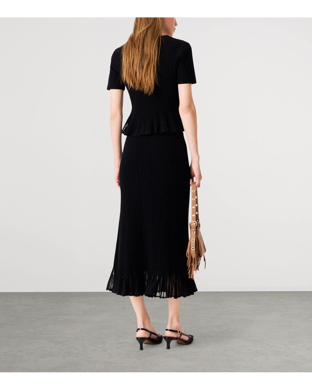Maje Black Plissé Midi Skirt