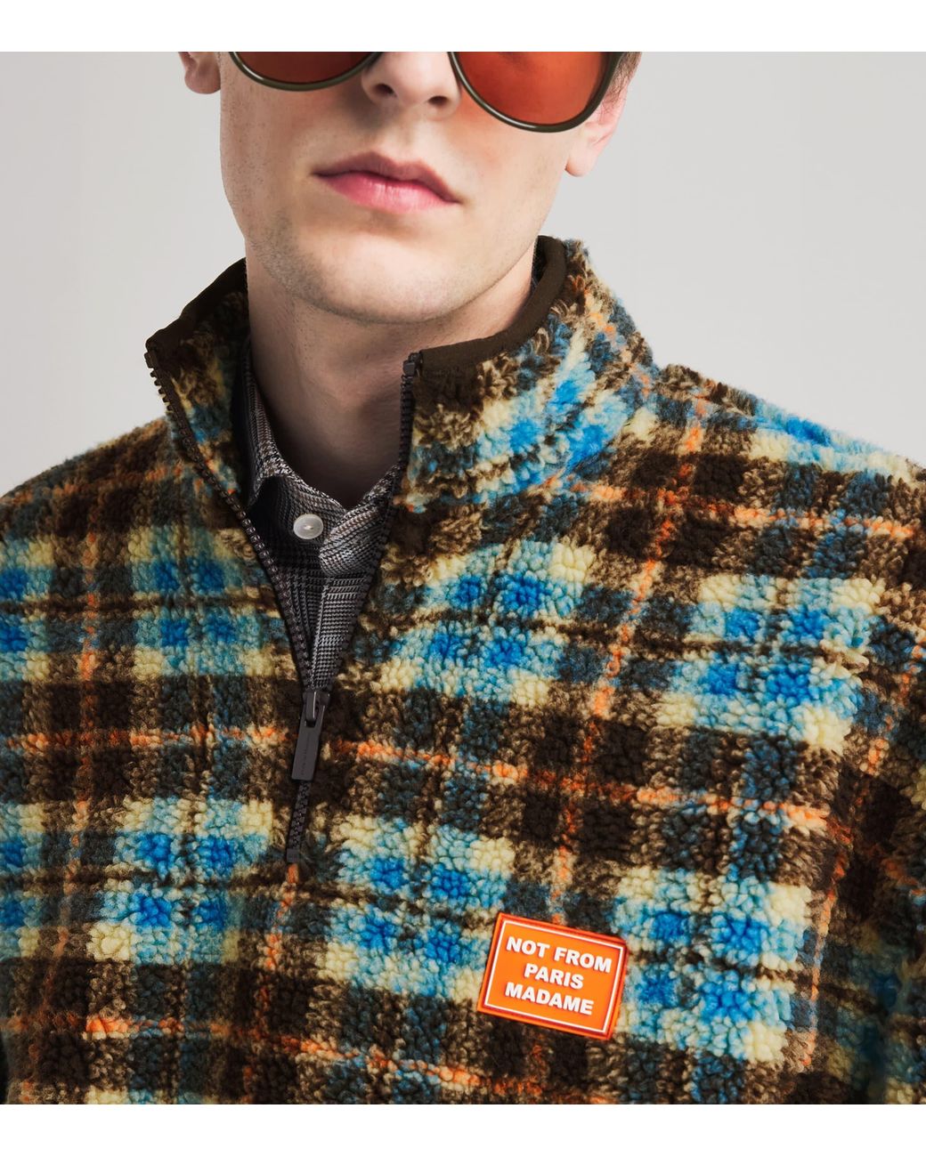 Drole de Monsieur Green Check Sherpa Quarter-Zip Sweater for men