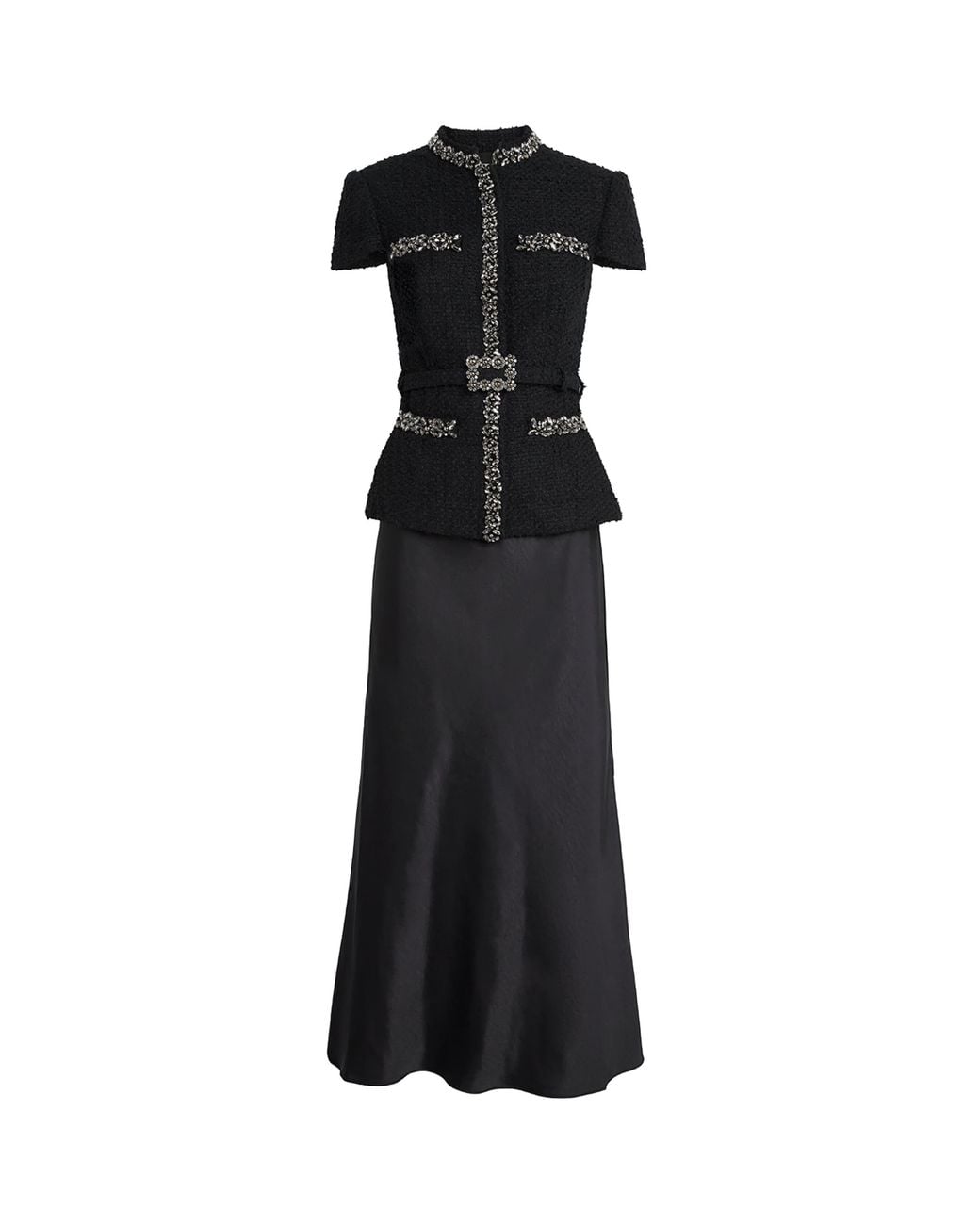 Self-Portrait Black Satin Bouclé Crystal-Embellished Midi Dress