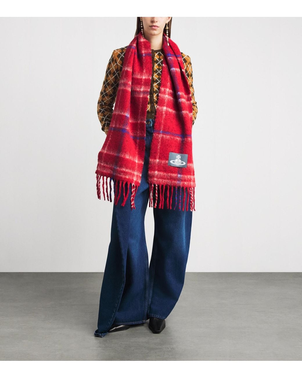 Vivienne Westwood Red Alpaca-Blend Check Orb Scarf