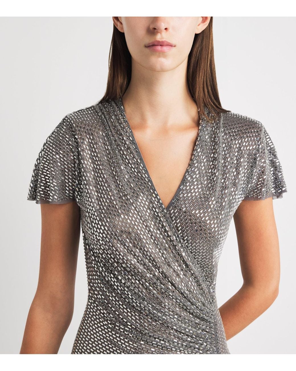 Self-Portrait Gray Rhinestone Wrap Maxi Dress