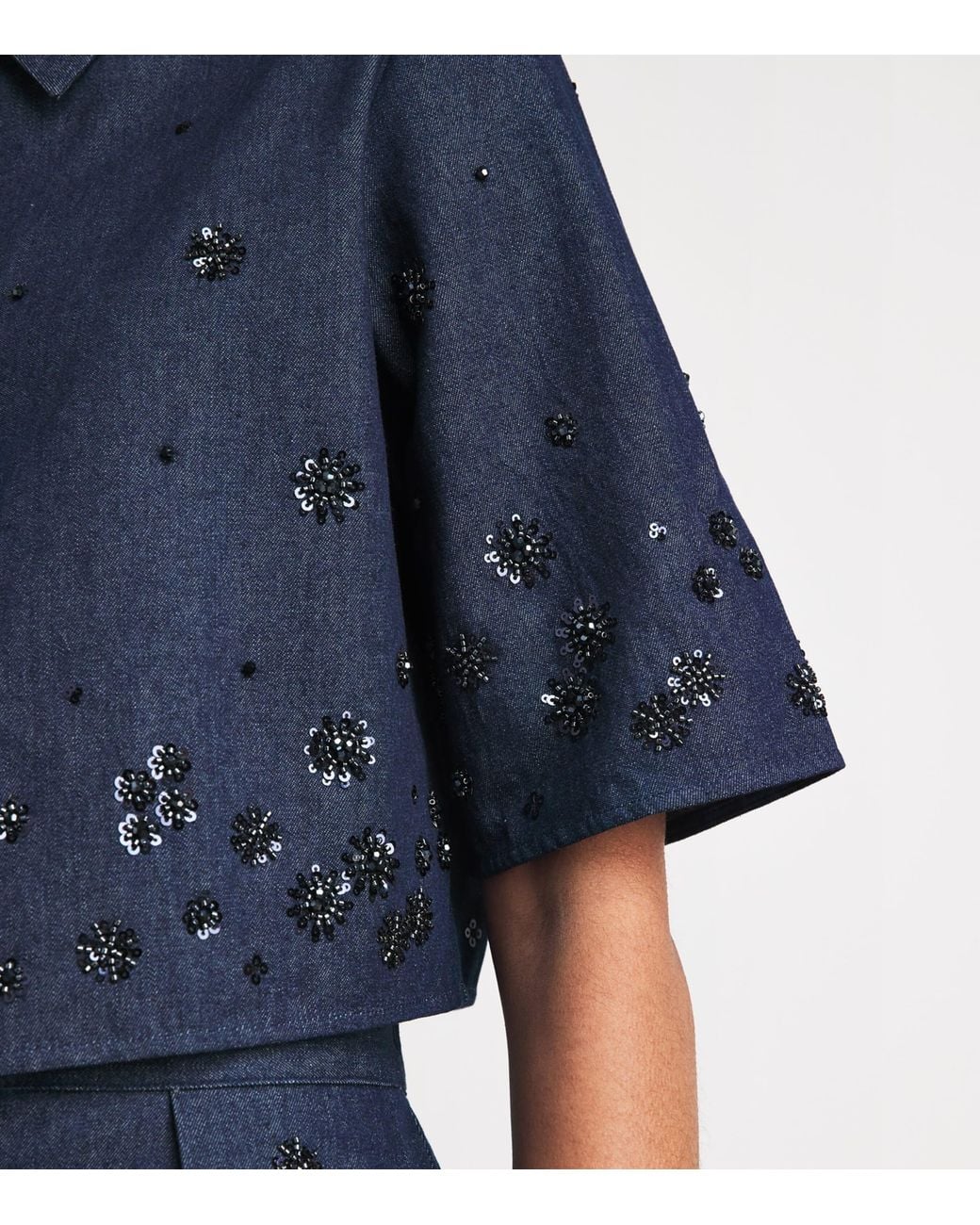 Maje Blue Denim Embellished Cropped Shirt
