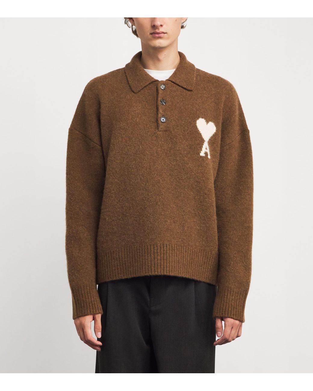 AMI Brown Alpaca-Blend Polo Sweater for men