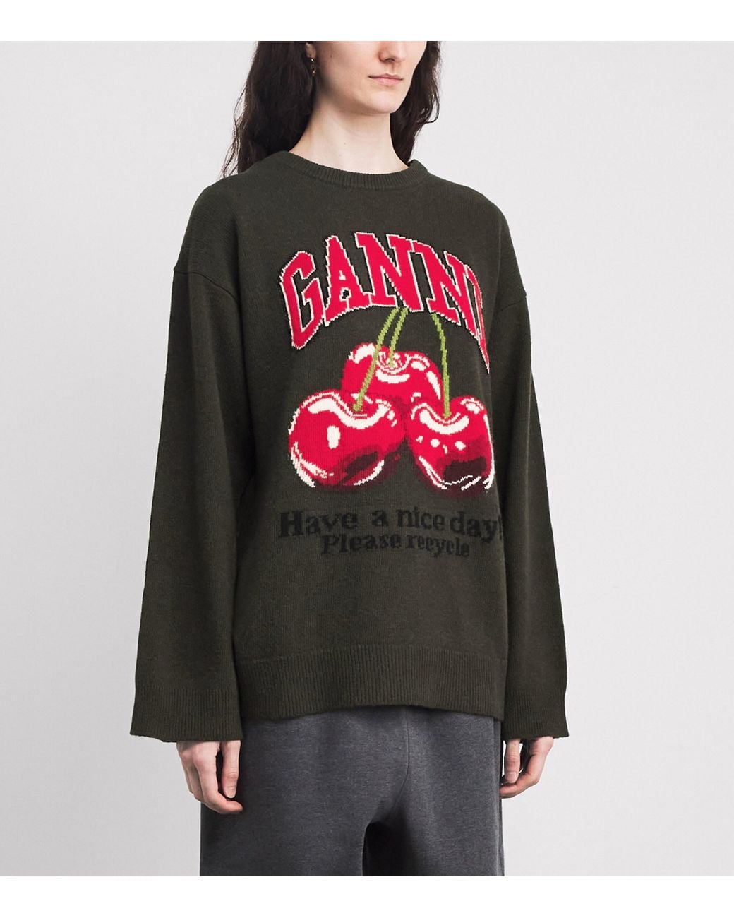 Ganni Black Wool-Blend Oversized Cherry Sweater