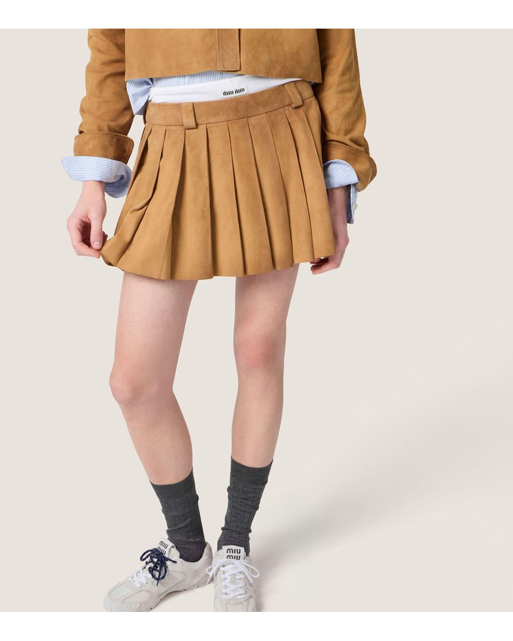 Miu Miu Brown Waxed Suede Pleated Miniskirt