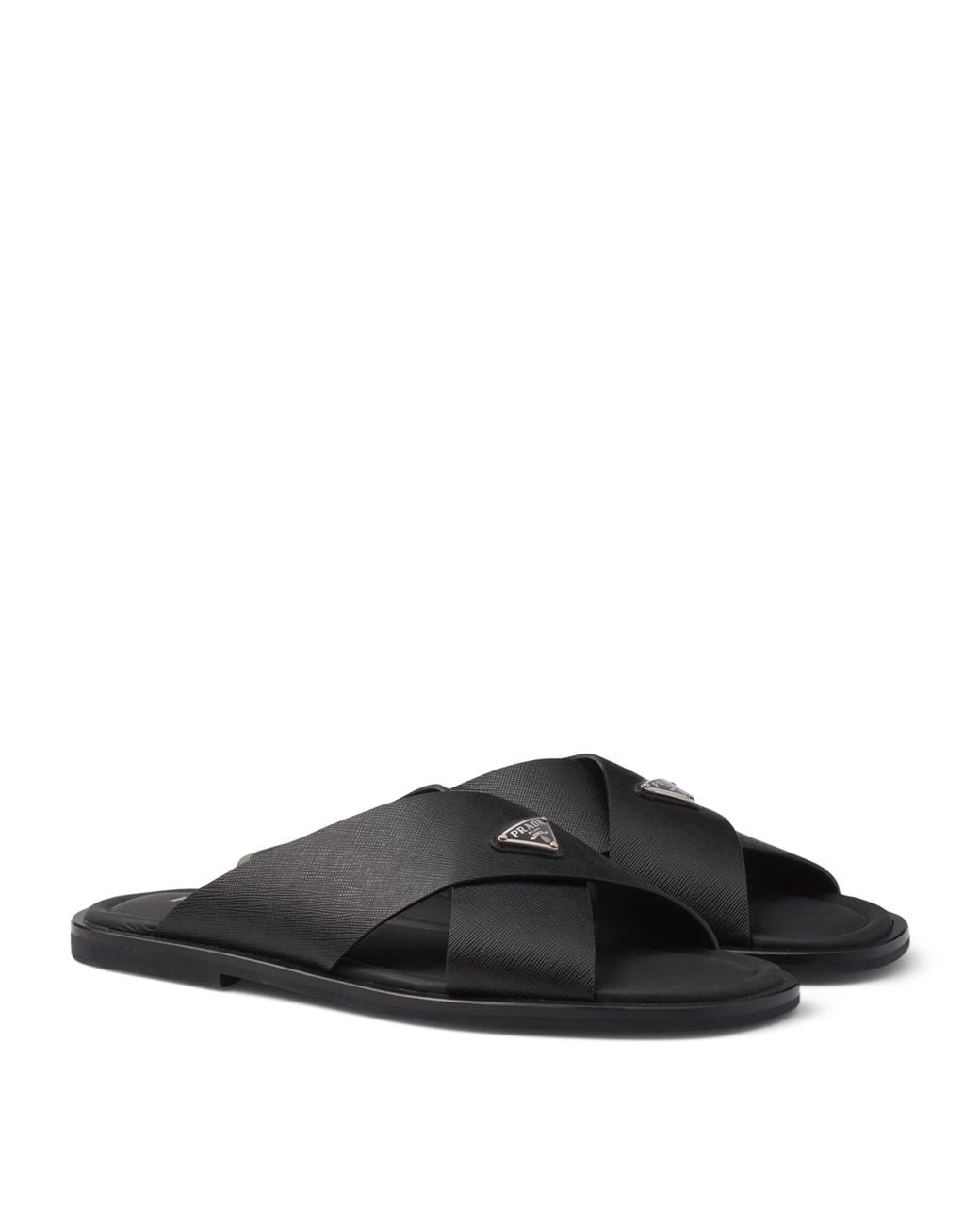 Prada Black Saffiano Leather Crossover Sandals for men