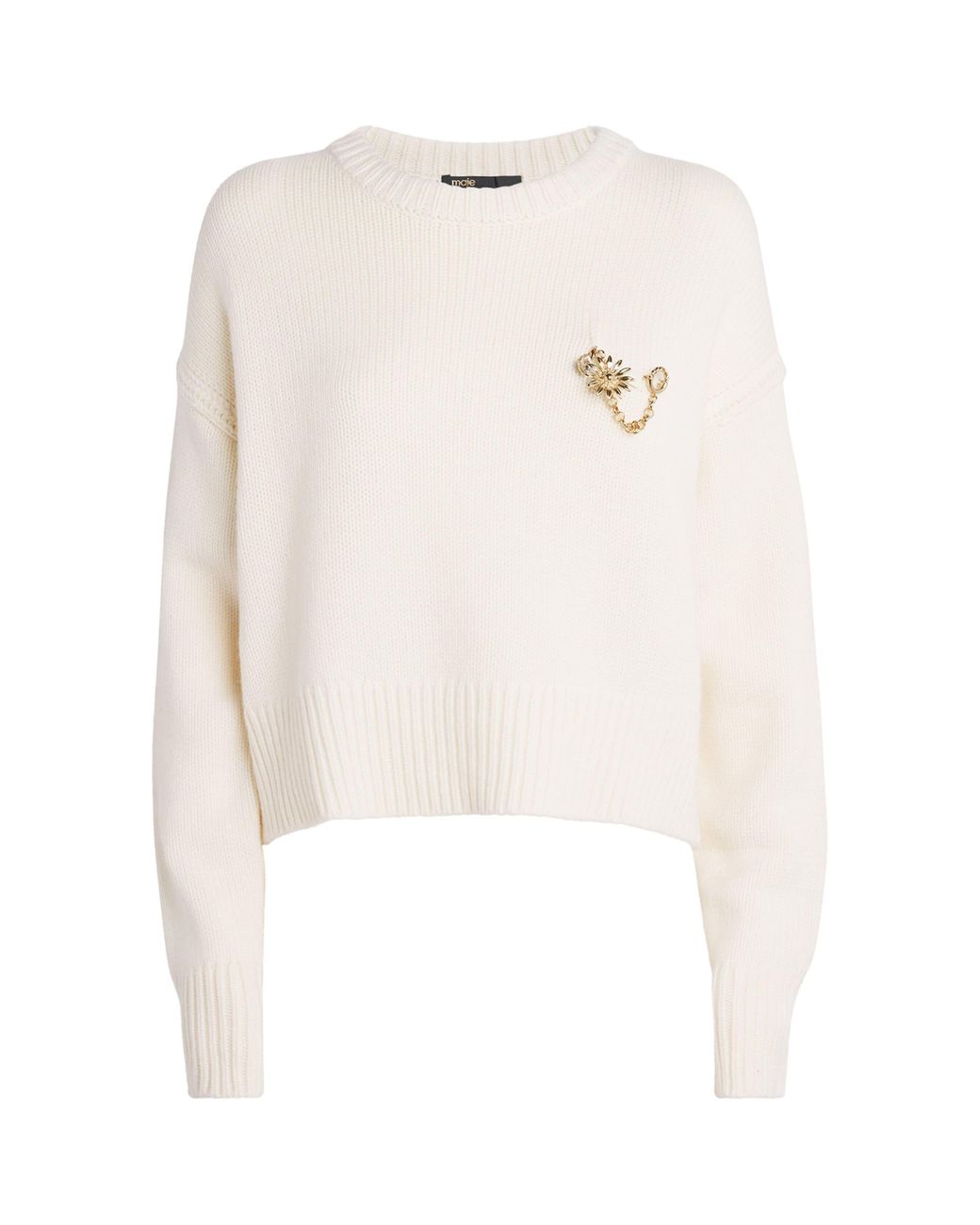 Maje White Wool-Cashmere Brooch Sweater