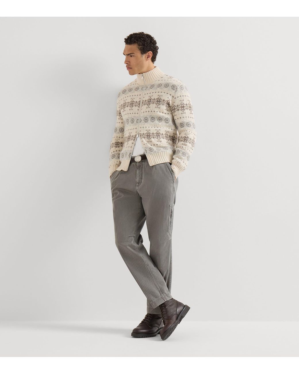 Brunello Cucinelli Gray Cotton Chevron Slim Trousers for men