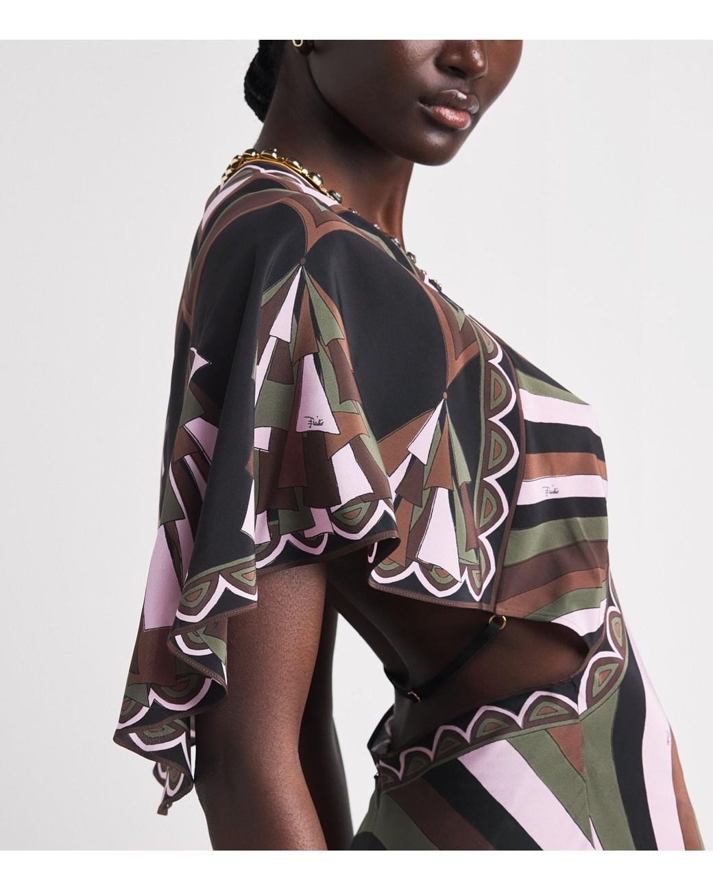 Emilio Pucci Green Silk Printed V-Neck Midi Dress