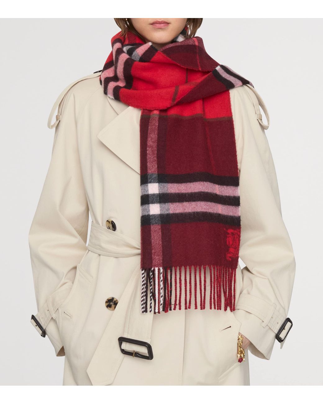 Burberry Red Cashmere Contrast Check Scarf