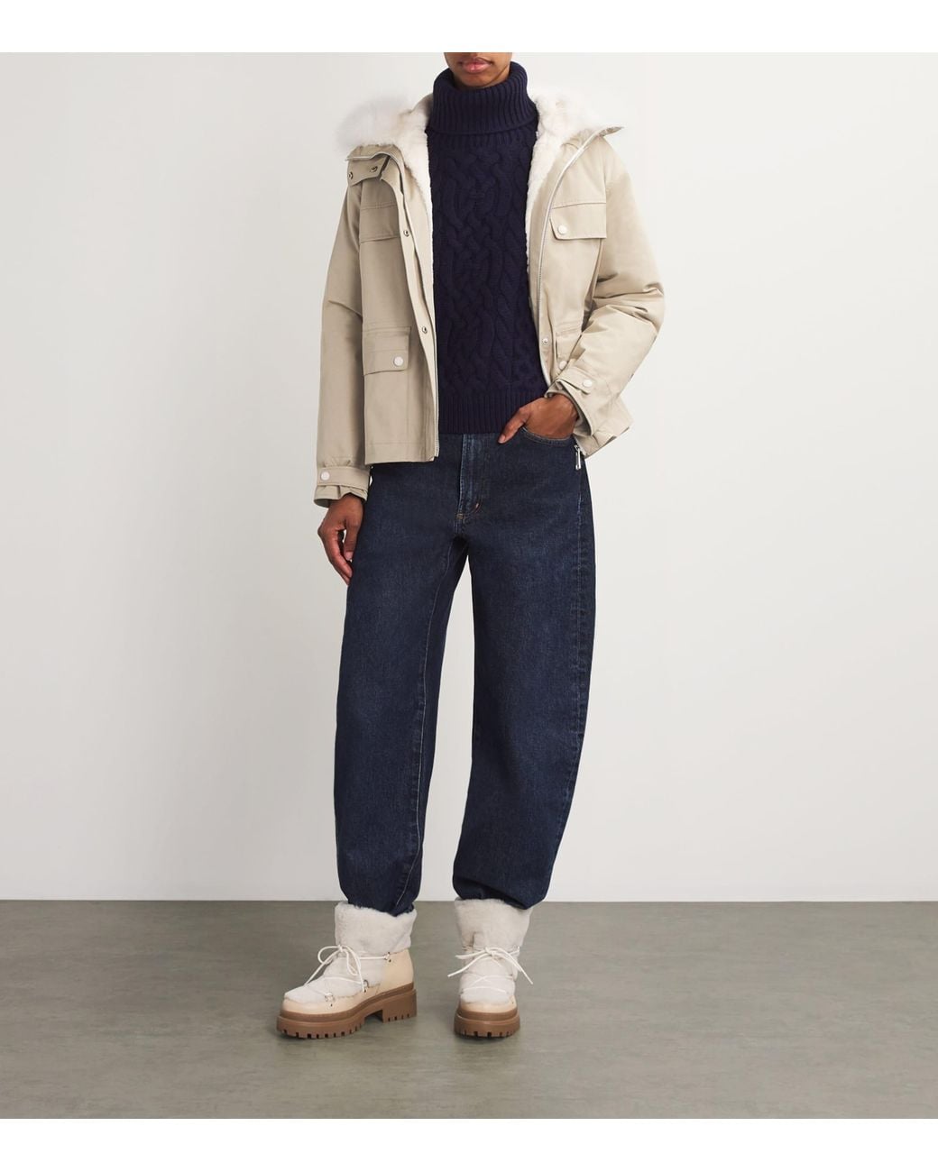 Yves Salomon Natural Canvas Fur-Trim Parka Jacket
