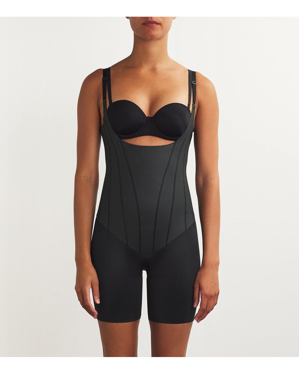 Spanx Black Supersculpt Totalcontour Open-Bust Mid-Thigh Bodysuit