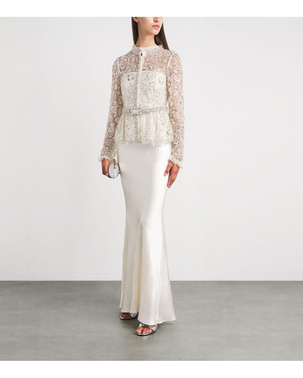 Self-Portrait White Satin Sequin-Embellished Gown