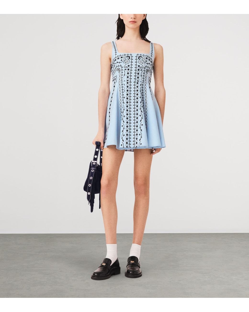 Maje Blue Linen-Blend Embroidered Mini Dress