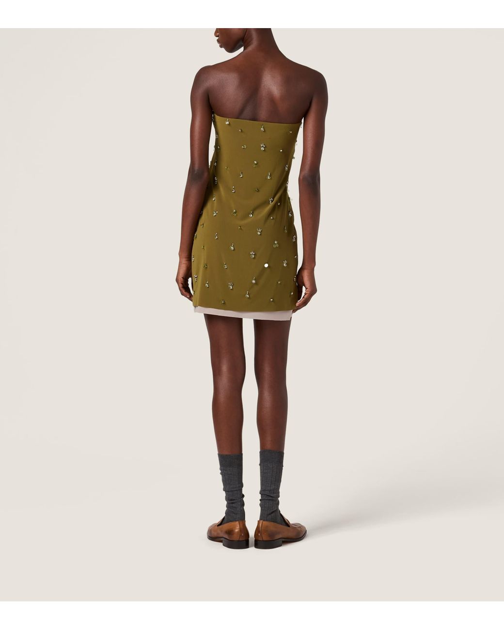 Miu Miu Green Silk Embellished Strapless Mini Dress