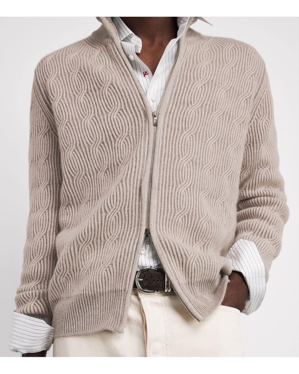 FIORONI CASHMERE Brown Cashmere Cable-Knit Zip-Up Sweatshirt for men
