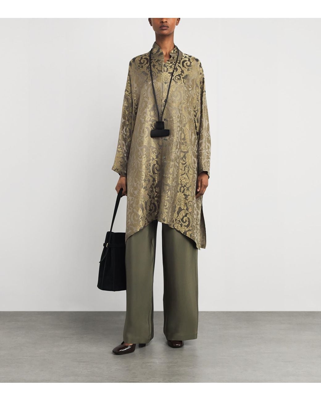 Eskandar Green Metallic Jacquard Longline Shirt