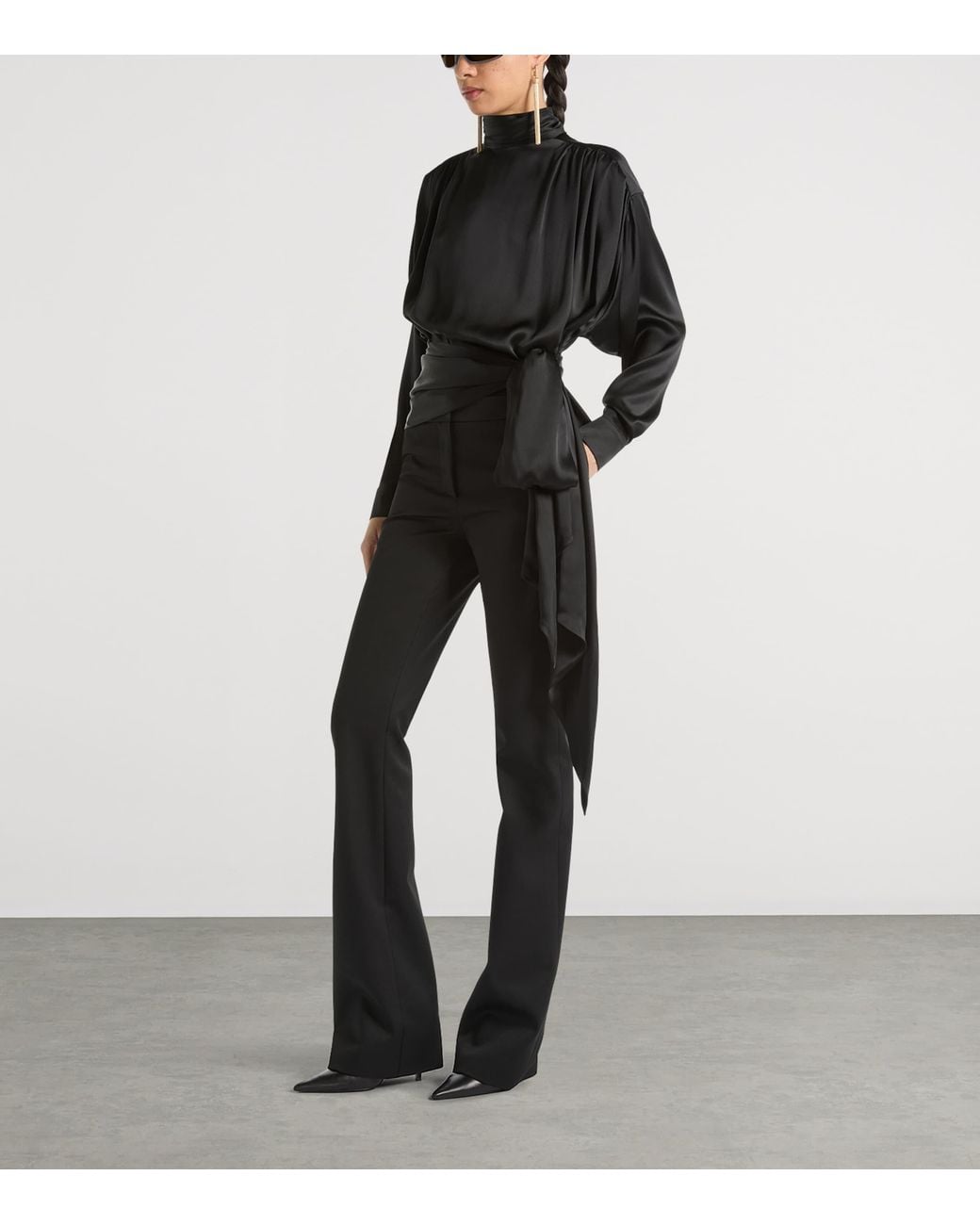 Balmain Black Silk Satin Tie-Neck Blouse