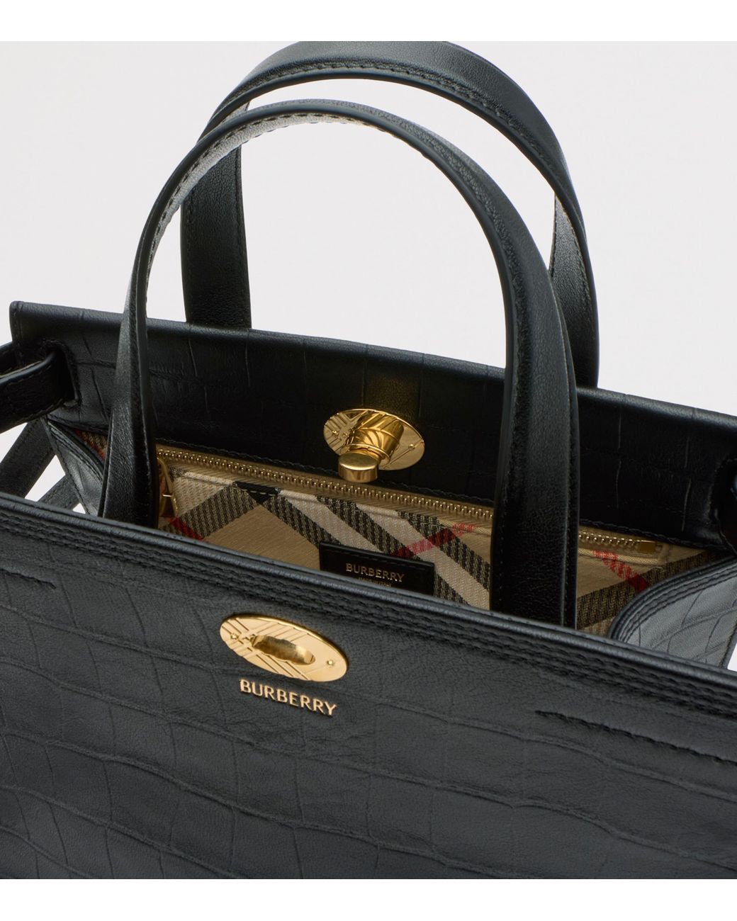 Burberry Black Mini Leather Croc-Embossed Cotswolds Tote Bag