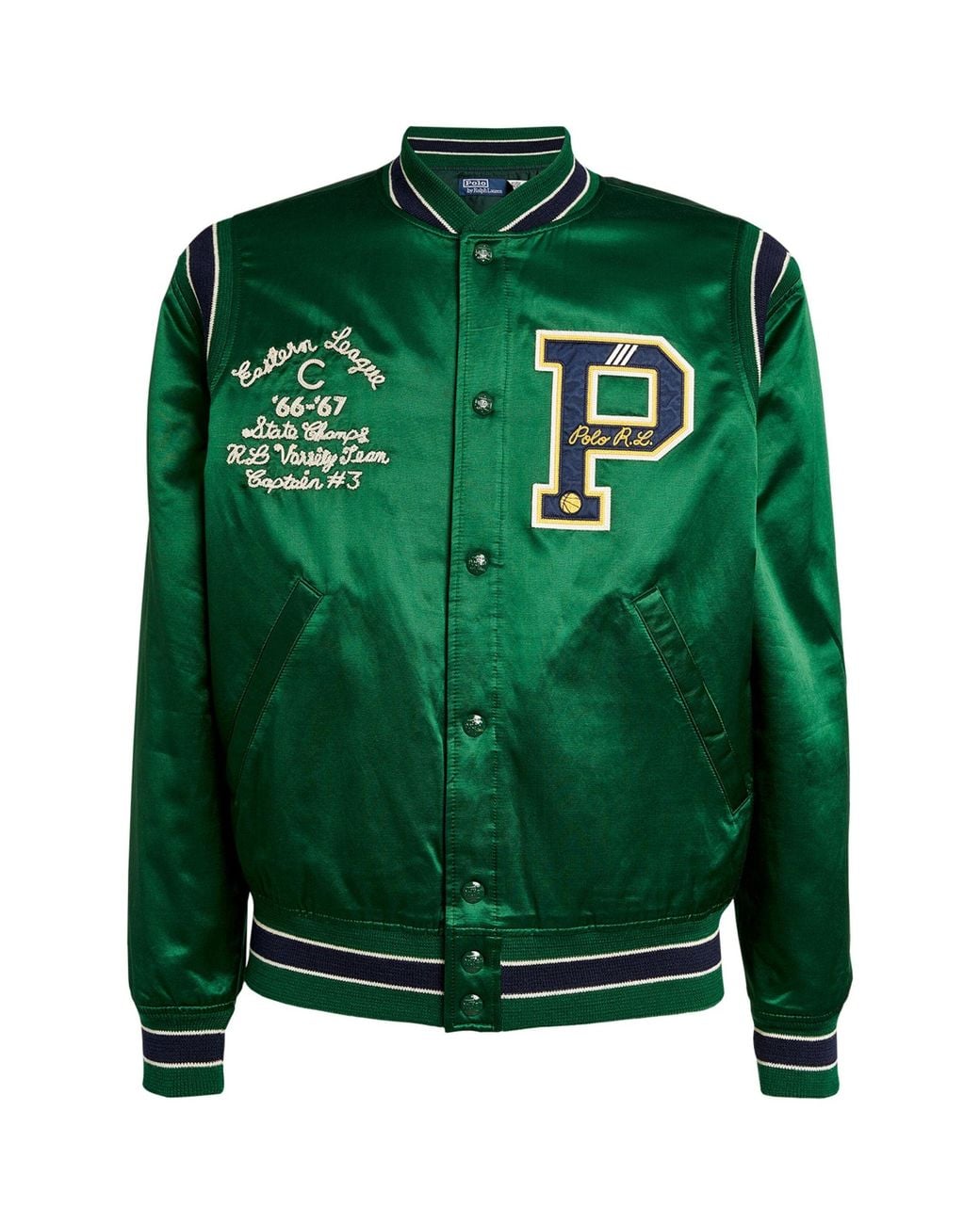 Polo Ralph Lauren Satin Varsity Bomber Jacket in Green for Men | Lyst