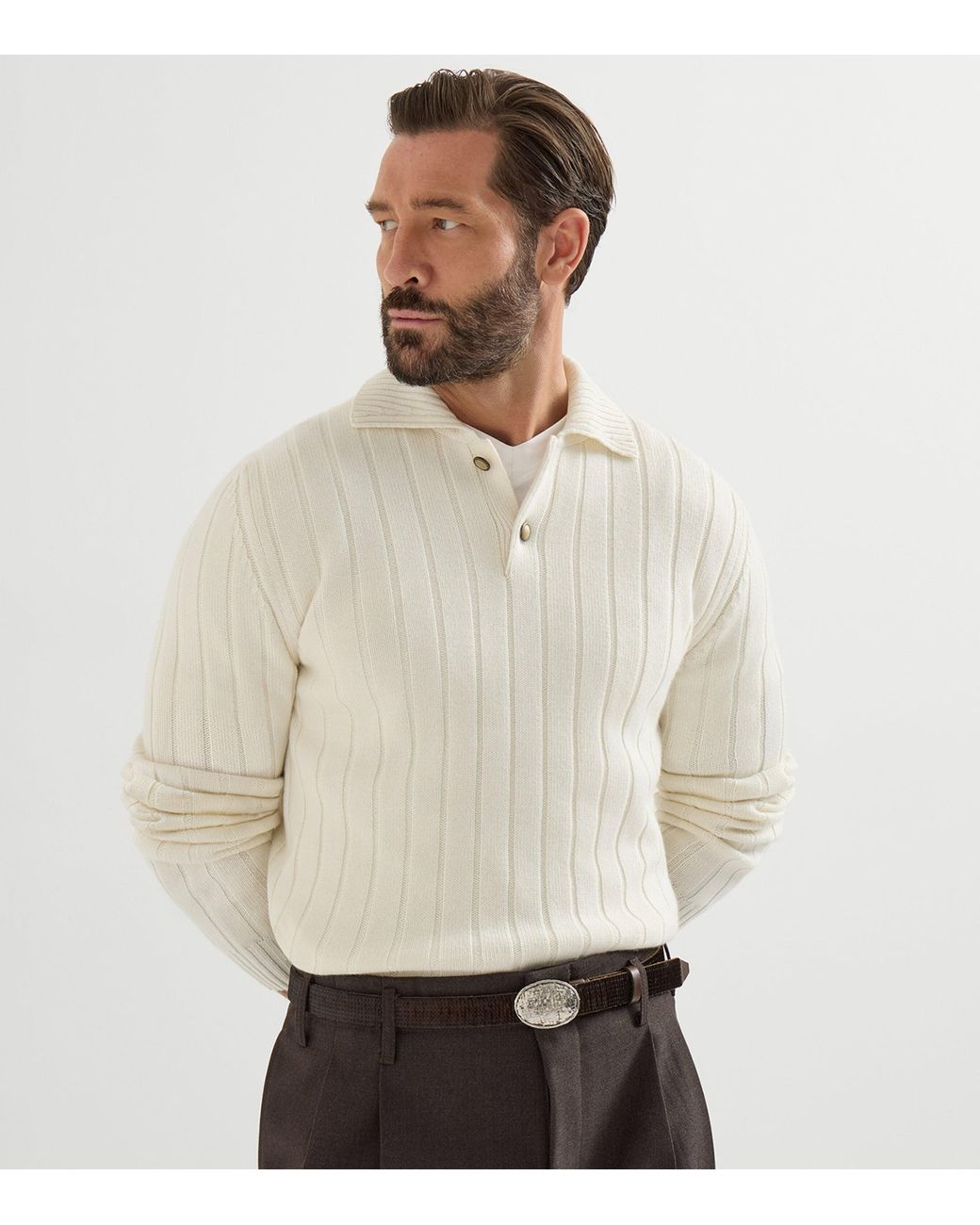 Brunello Cucinelli White Cashmere Polo Sweater for men