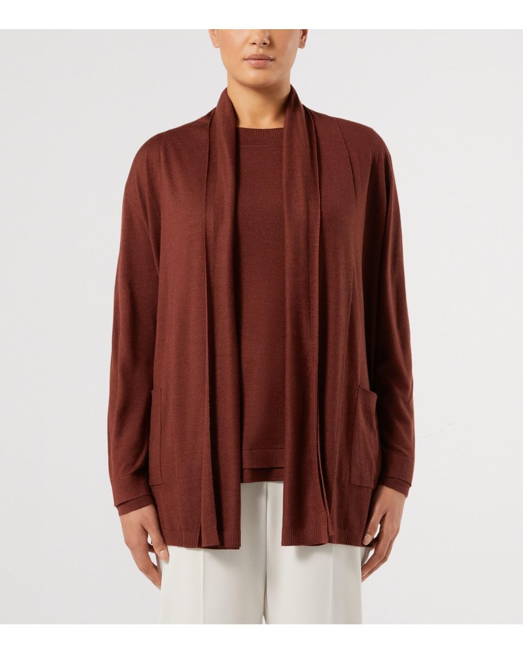 Marina Rinaldi Brown Wool-Silk Waterfall Cardigan