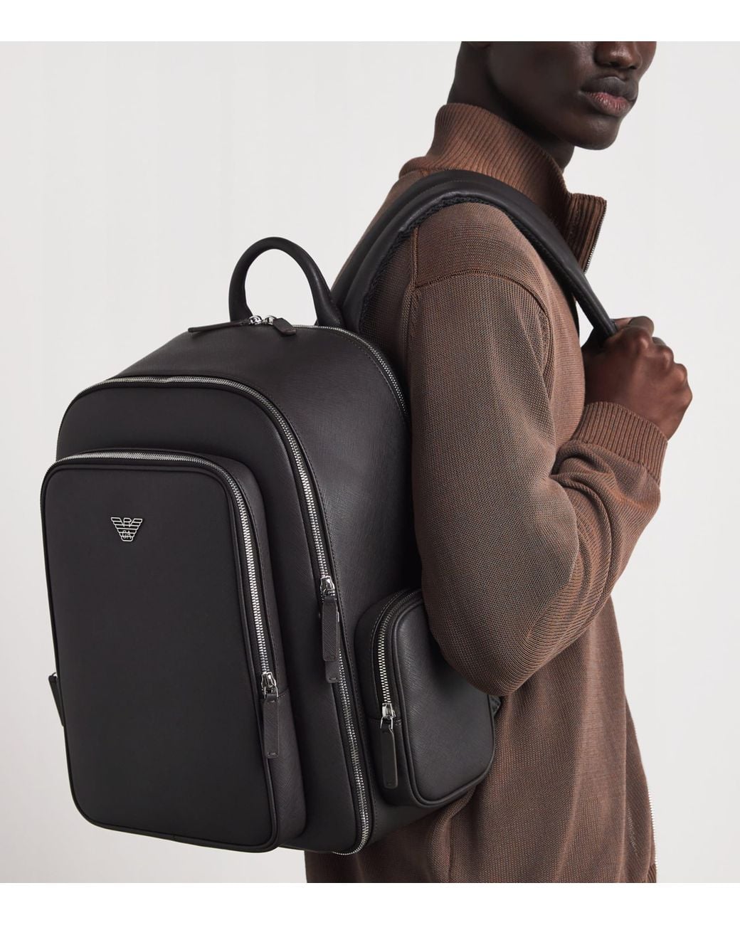 Emporio Armani Black Faux Leather Backpack for men