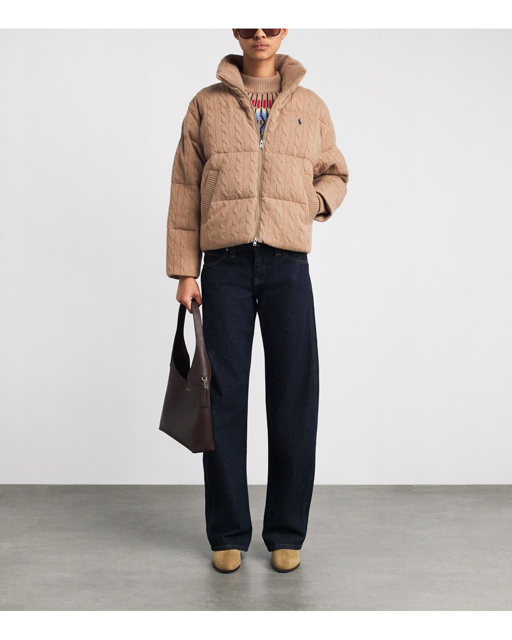 Polo Ralph Lauren Brown Wool-Cashmere Cable-Knit Bomber Jacket