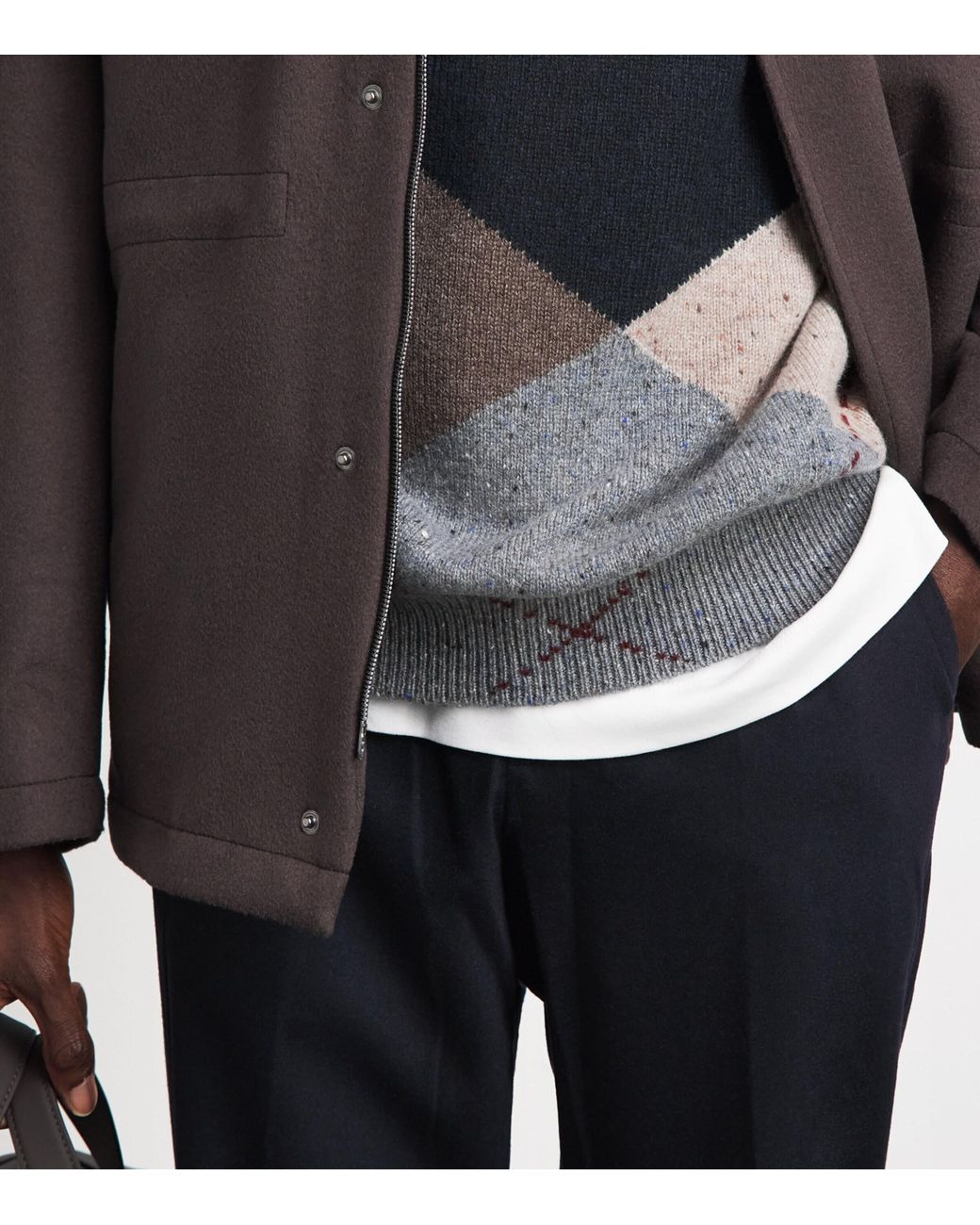 Johnstons Gray Cashmere Exploded Argyle Sweater for men