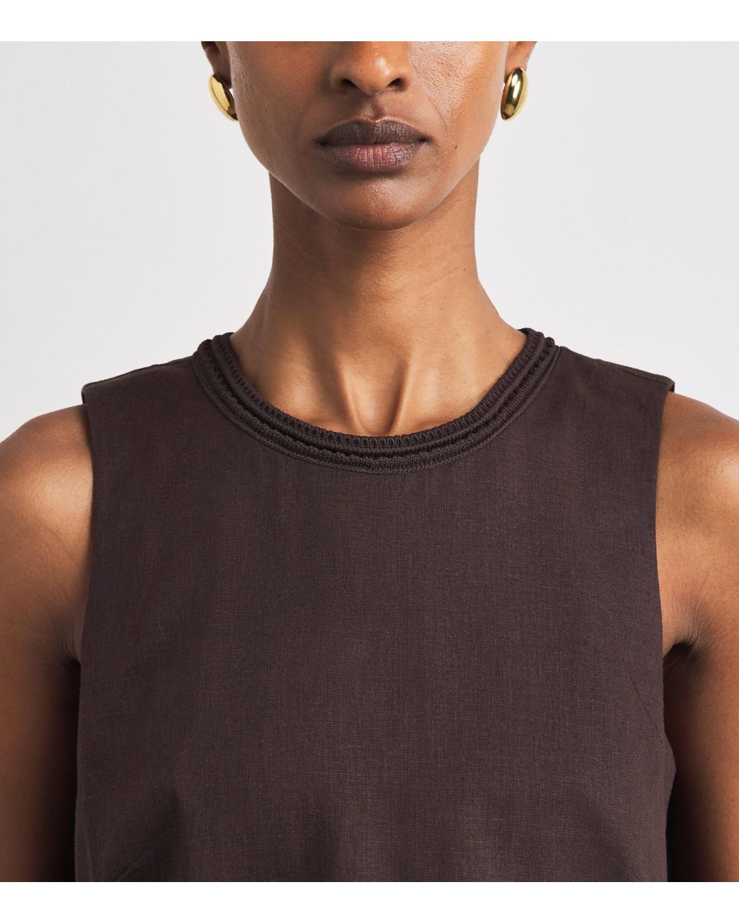 ME+EM Brown Linen-Blend Creaseless Crochet-Trim Top