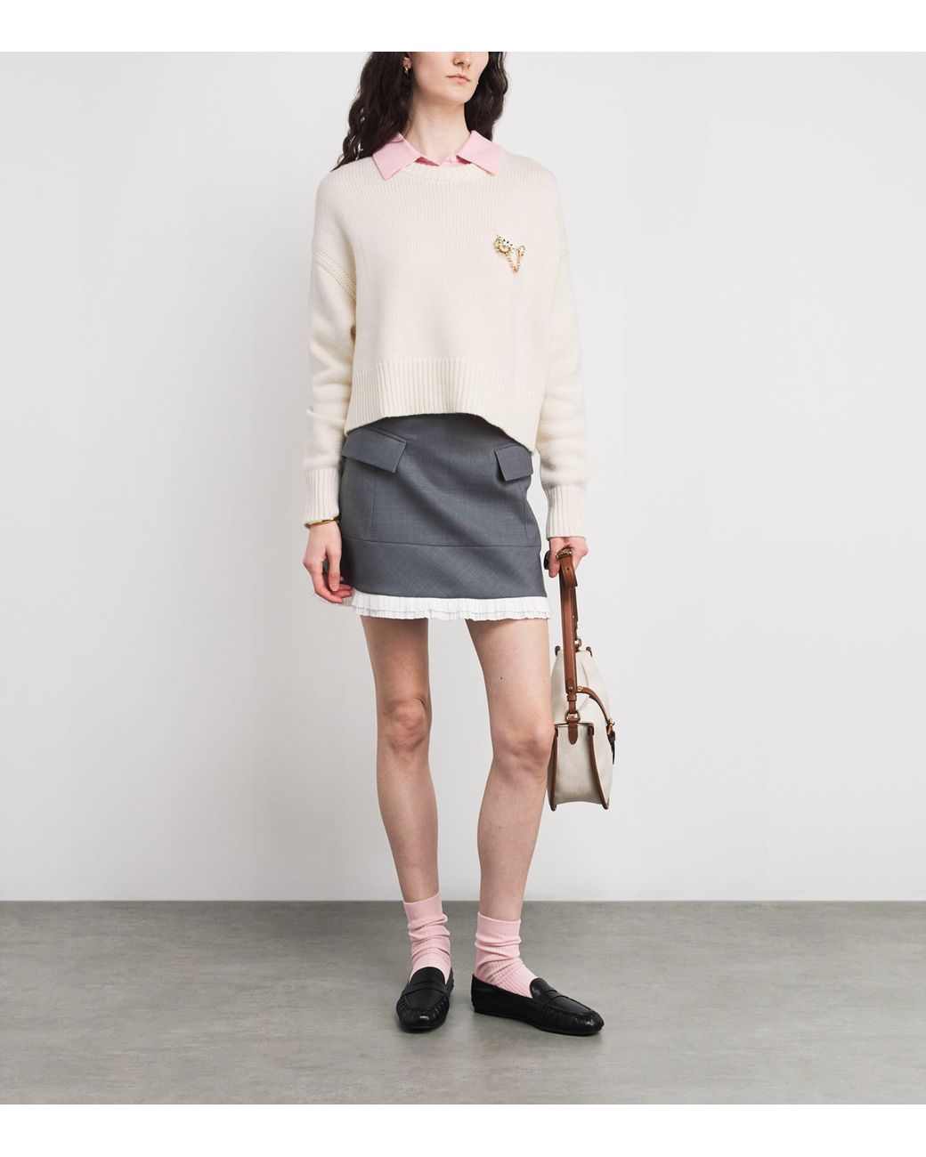 Maje White Wool-Cashmere Brooch Sweater