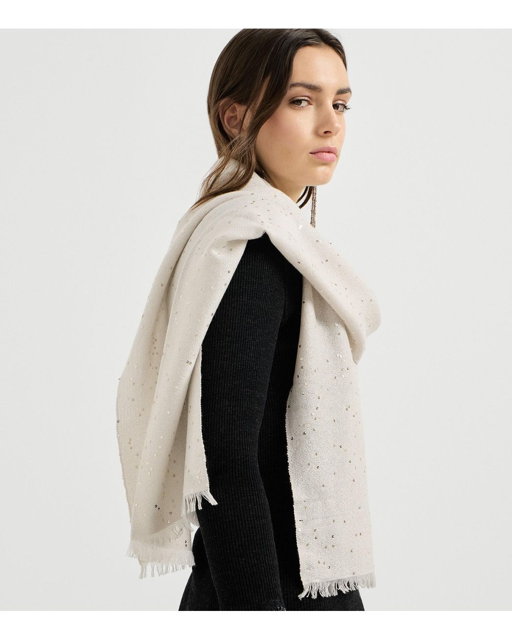 Brunello Cucinelli Natural Cashmere-Silk Embellished Scarf